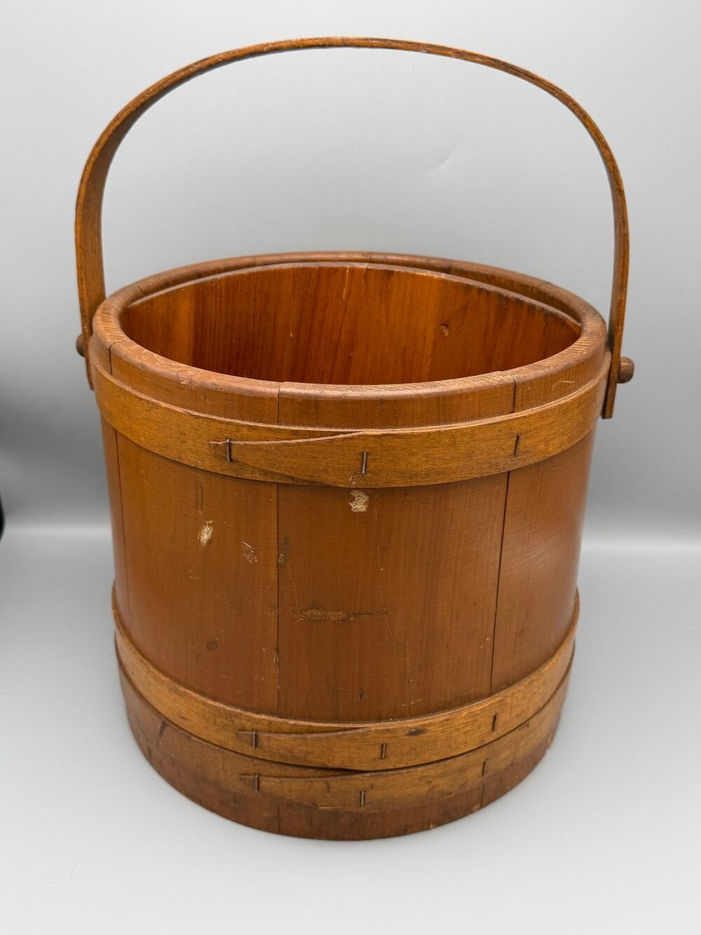 Primitive Staved Wood Firkin Sugar Bucket Bentwood Handle 11.5” x 12”